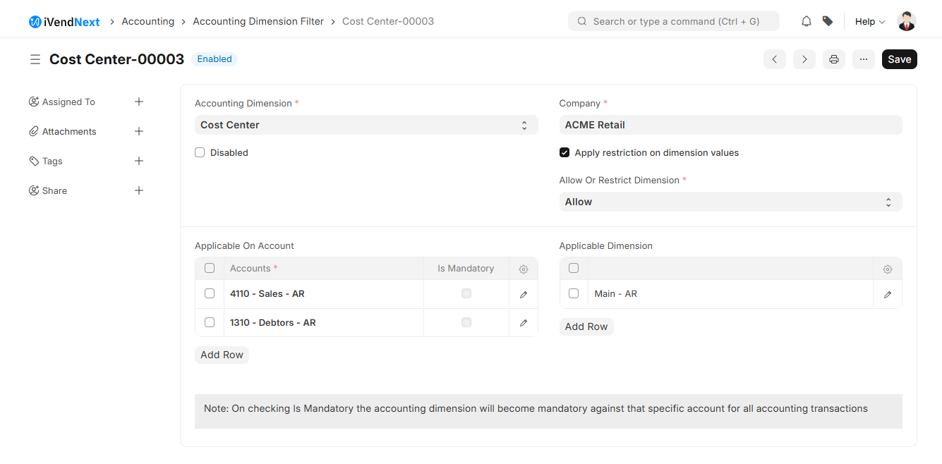 Cost Center - Accounting Dimension Filter